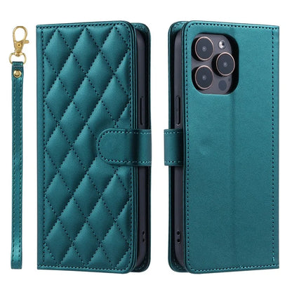 For iPhone 15 Pro Leather Case with Strap Wallet Phone Cover Rhombus Grid Pattern