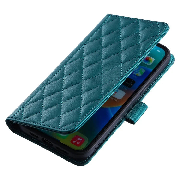 For iPhone 15 Pro Leather Case with Strap Wallet Phone Cover Rhombus Grid Pattern