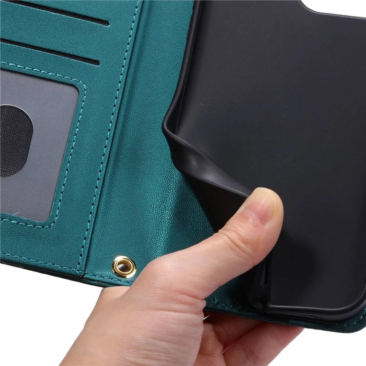 For iPhone 15 Pro Leather Case with Strap Wallet Phone Cover Rhombus Grid Pattern