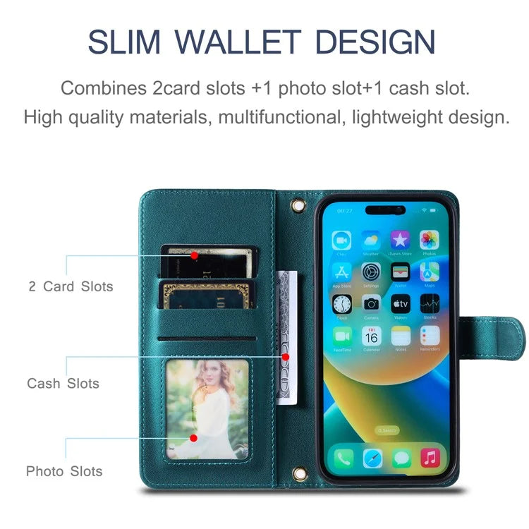 For iPhone 15 Pro Leather Case with Strap Wallet Phone Cover Rhombus Grid Pattern