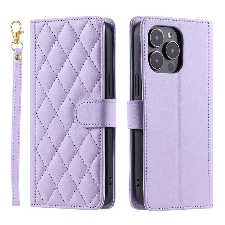 For iPhone 15 Pro Leather Case with Strap Wallet Phone Cover Rhombus Grid Pattern