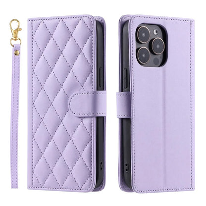 For iPhone 15 Pro Leather Case with Strap Wallet Phone Cover Rhombus Grid Pattern
