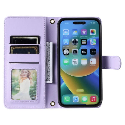 For iPhone 15 Pro Leather Case with Strap Wallet Phone Cover Rhombus Grid Pattern