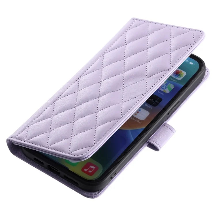 For iPhone 15 Pro Leather Case with Strap Wallet Phone Cover Rhombus Grid Pattern
