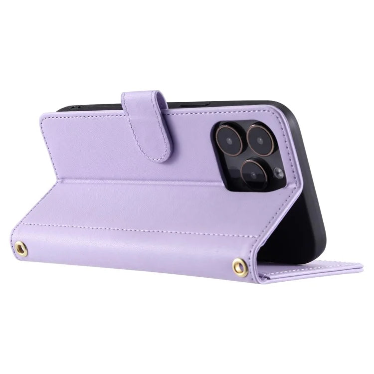 For iPhone 15 Pro Leather Case with Strap Wallet Phone Cover Rhombus Grid Pattern