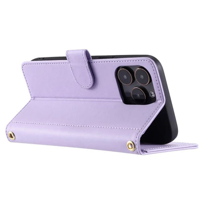 For iPhone 15 Pro Leather Case with Strap Wallet Phone Cover Rhombus Grid Pattern
