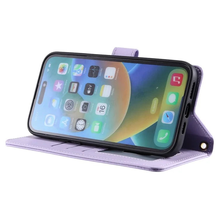 For iPhone 15 Pro Leather Case with Strap Wallet Phone Cover Rhombus Grid Pattern