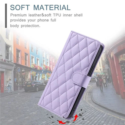 For iPhone 15 Pro Leather Case with Strap Wallet Phone Cover Rhombus Grid Pattern