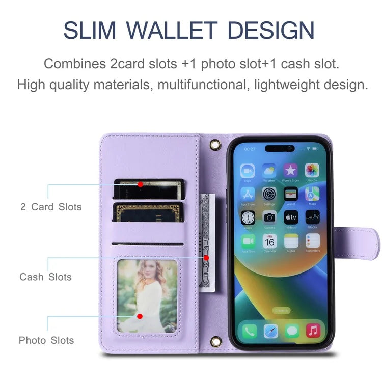 For iPhone 15 Pro Leather Case with Strap Wallet Phone Cover Rhombus Grid Pattern