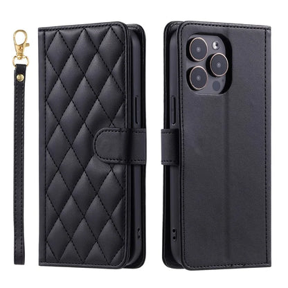 For iPhone 15 Pro Leather Case with Strap Wallet Phone Cover Rhombus Grid Pattern