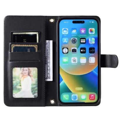For iPhone 15 Pro Leather Case with Strap Wallet Phone Cover Rhombus Grid Pattern
