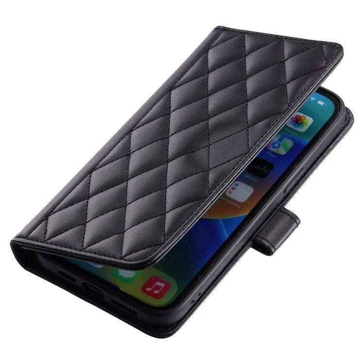 For iPhone 15 Pro Leather Case with Strap Wallet Phone Cover Rhombus Grid Pattern