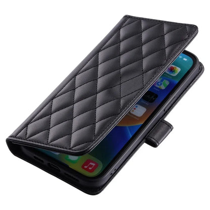 For iPhone 15 Pro Leather Case with Strap Wallet Phone Cover Rhombus Grid Pattern