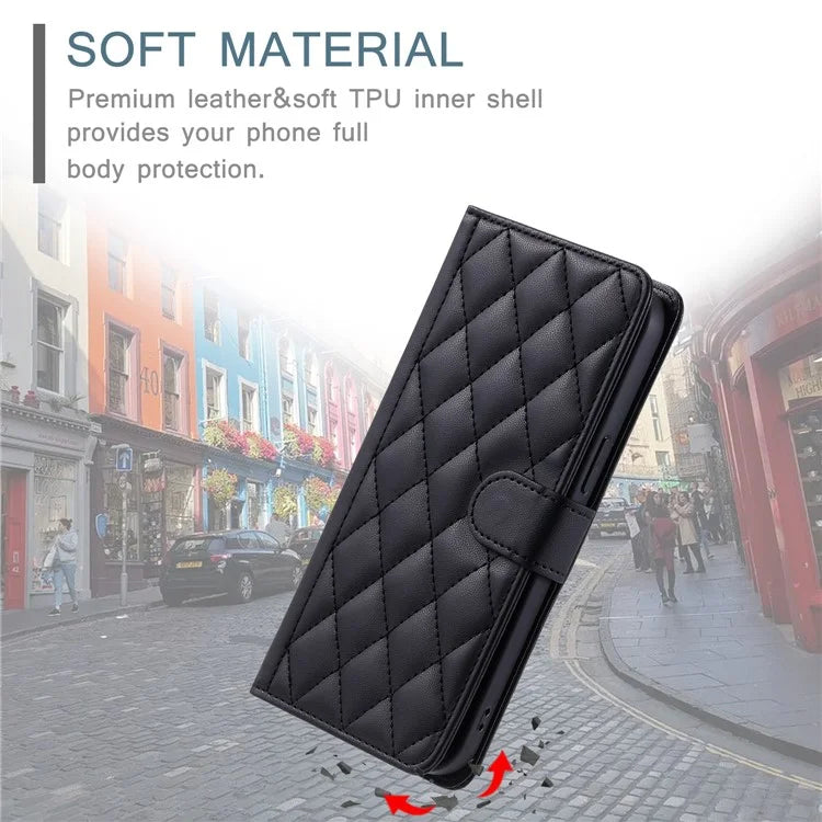 For iPhone 15 Pro Leather Case with Strap Wallet Phone Cover Rhombus Grid Pattern