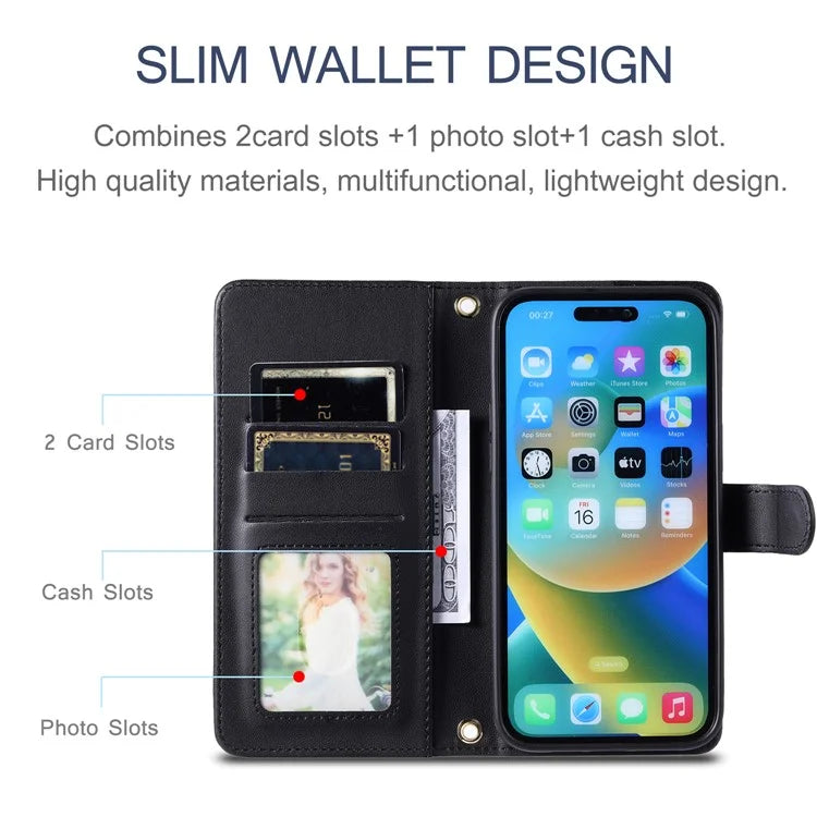 For iPhone 15 Pro Leather Case with Strap Wallet Phone Cover Rhombus Grid Pattern