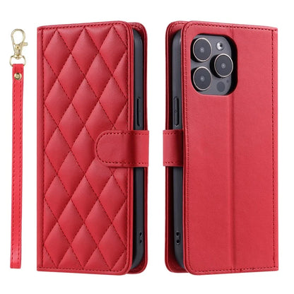 For iPhone 15 Pro Leather Case with Strap Wallet Phone Cover Rhombus Grid Pattern