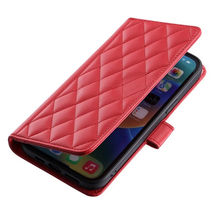 For iPhone 15 Pro Leather Case with Strap Wallet Phone Cover Rhombus Grid Pattern