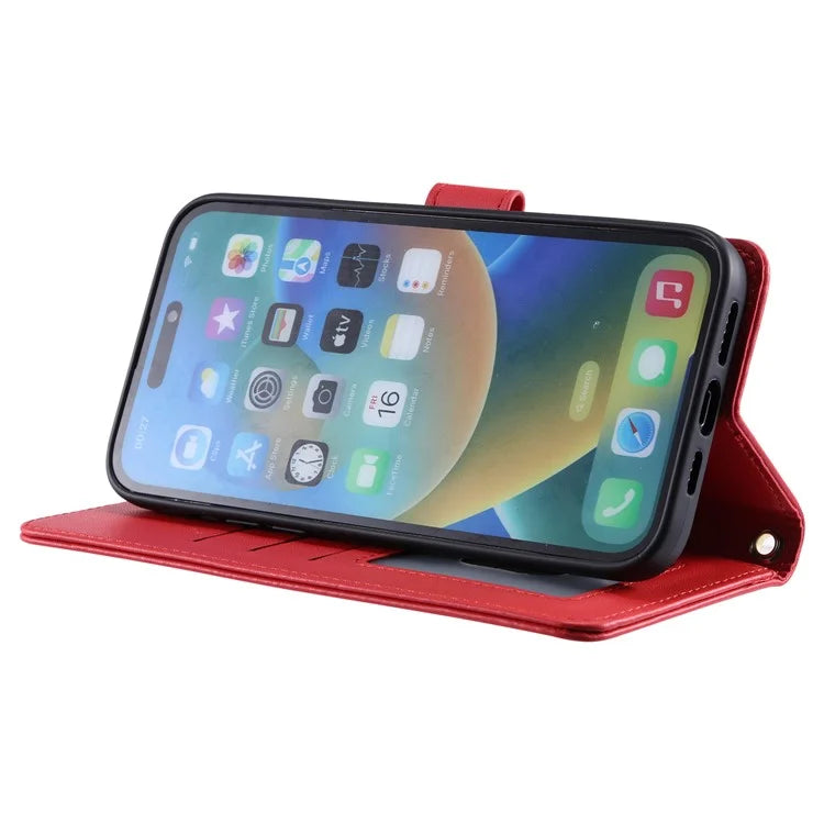 For iPhone 15 Pro Leather Case with Strap Wallet Phone Cover Rhombus Grid Pattern