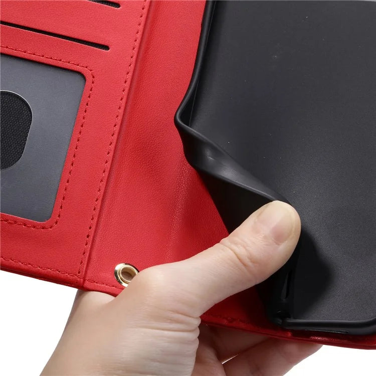 For iPhone 15 Pro Leather Case with Strap Wallet Phone Cover Rhombus Grid Pattern