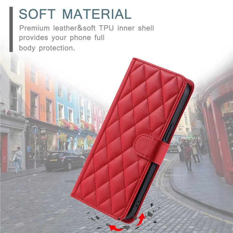 For iPhone 15 Pro Leather Case with Strap Wallet Phone Cover Rhombus Grid Pattern