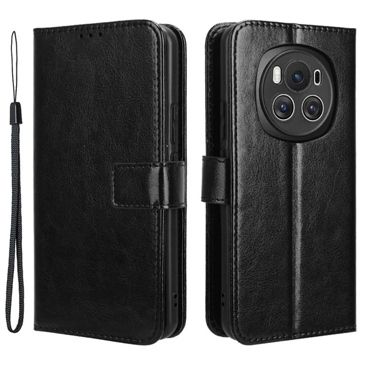For Honor Magic6 5G Magnetic Phone Case Crazy Horse Texture Stand Cover with Hand Strap