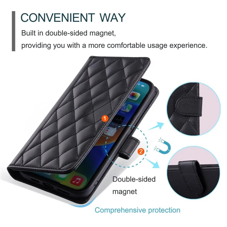 For iPhone 14 Pro Case Stitching Rhombus Grid PU Leather Wallet Cover