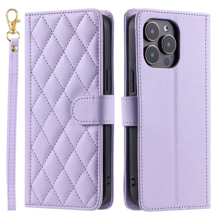For iPhone 14 Pro Case Stitching Rhombus Grid PU Leather Wallet Cover