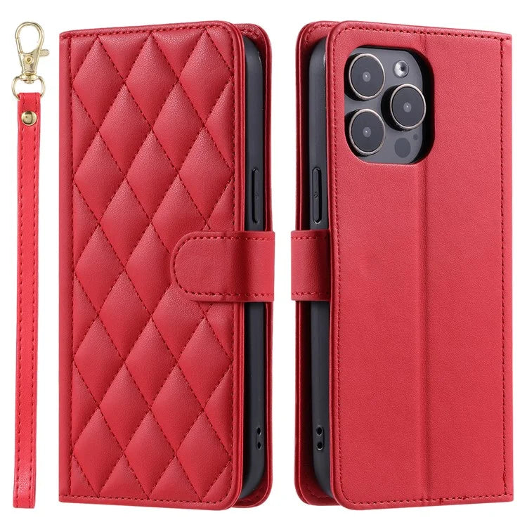 For iPhone 14 Pro Case Stitching Rhombus Grid PU Leather Wallet Cover
