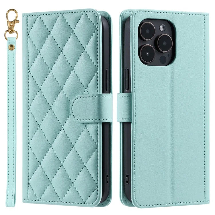 For iPhone 14 Pro Max Leather Phone Case with Wallet Rhombus Grid Pattern