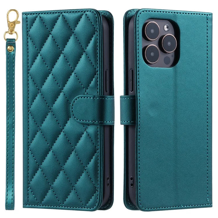 For iPhone 14 Pro Max Leather Phone Case with Wallet Rhombus Grid Pattern