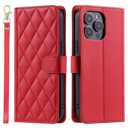 For iPhone 14 Pro Max Leather Phone Case with Wallet Rhombus Grid Pattern