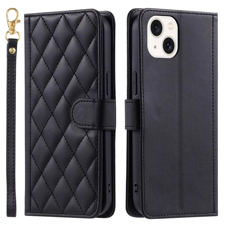 For iPhone 14 Plus Case PU Leather Wallet Flip Cover Rhombus Grid Pattern
