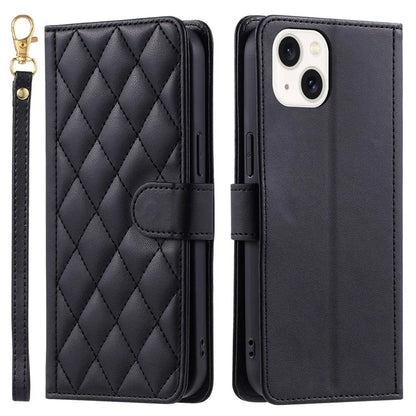 For iPhone 14 Plus Case PU Leather Wallet Flip Cover Rhombus Grid Pattern