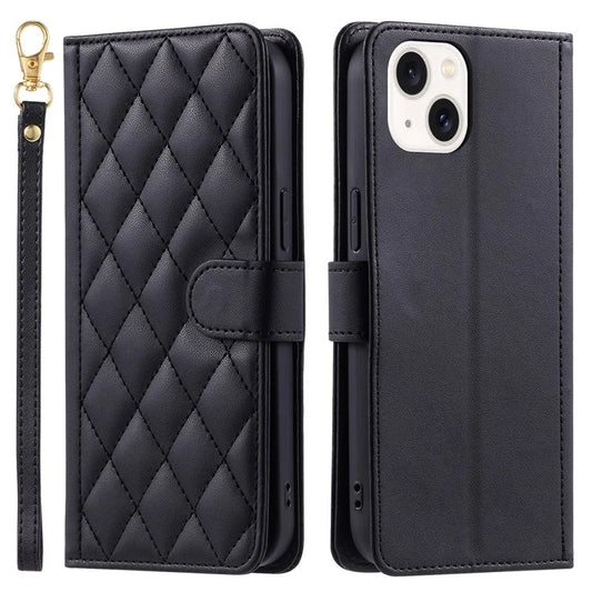 For iPhone 14 Plus Case PU Leather Wallet Flip Cover Rhombus Grid Pattern