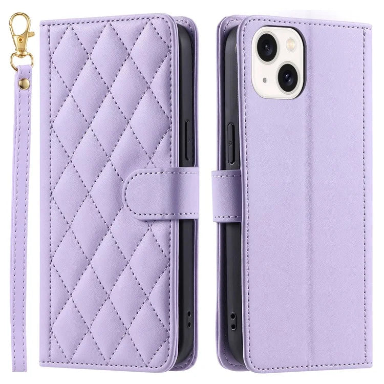 For iPhone 14 Plus Case PU Leather Wallet Flip Cover Rhombus Grid Pattern