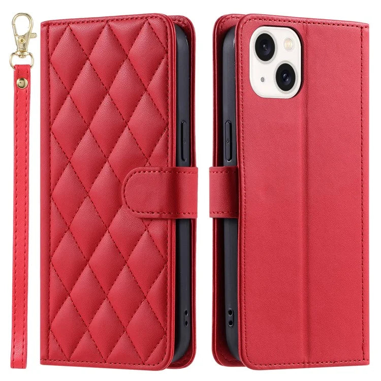 For iPhone 14 Plus Case PU Leather Wallet Flip Cover Rhombus Grid Pattern