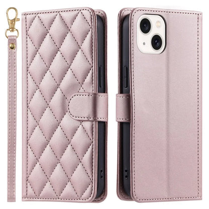 For iPhone 14 Leather Case Rhombus Grid Pattern Phone Wallet Cover