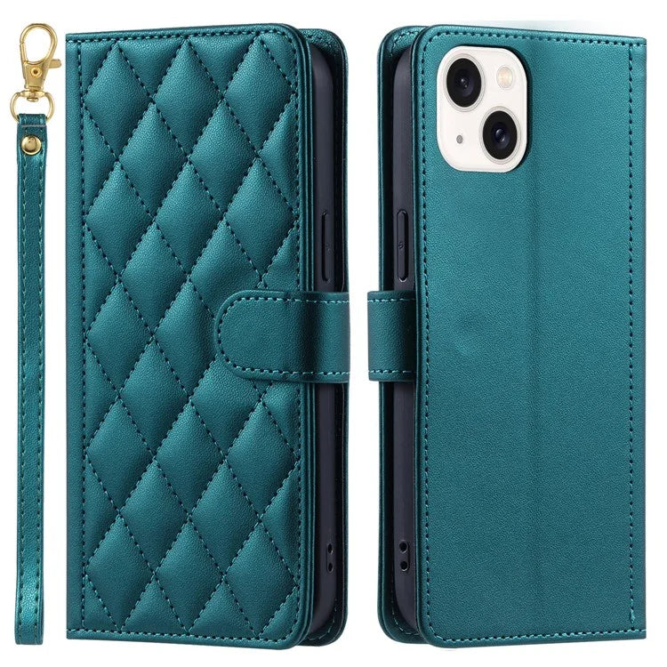 For iPhone 14 Leather Case Rhombus Grid Pattern Phone Wallet Cover