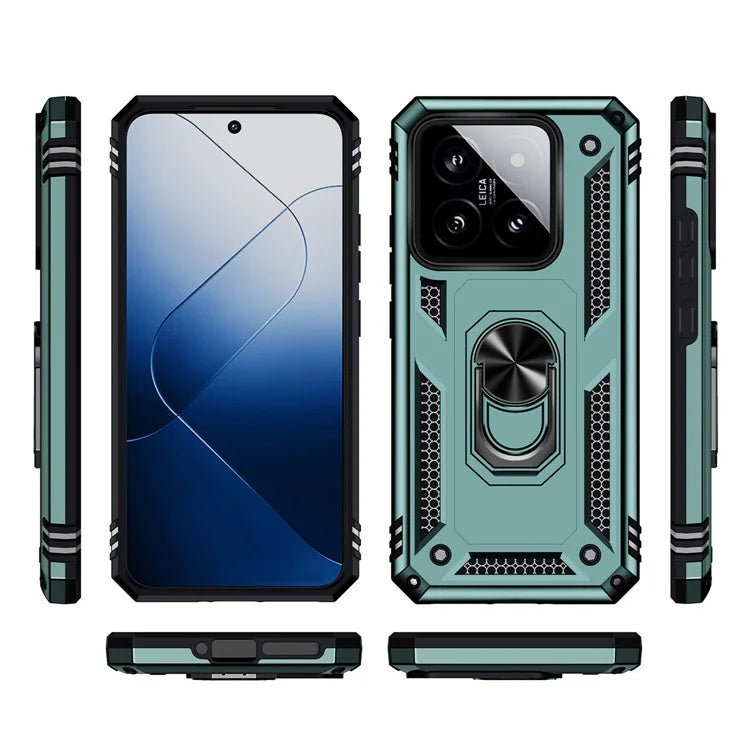 For Xiaomi 14 Drop-proof Case PC+TPU Phone Back Cover with Ring Kickstandish Green
