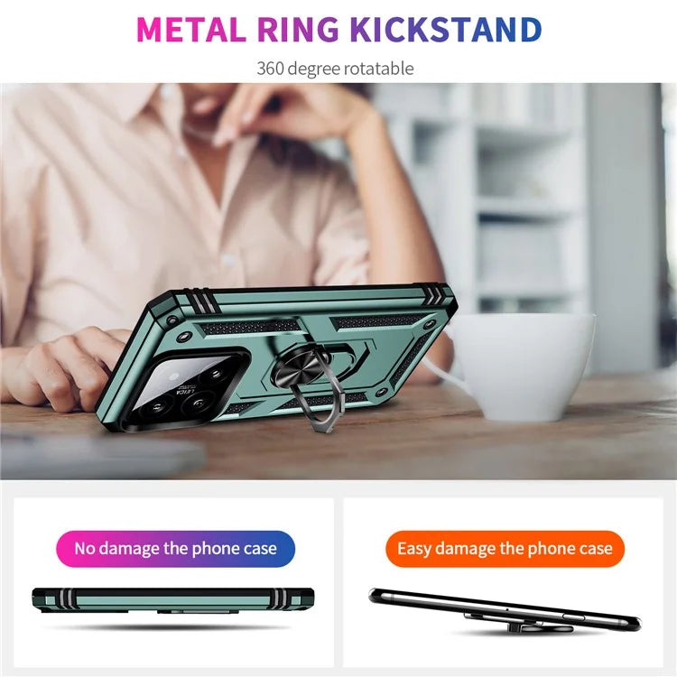 For Xiaomi 14 Drop-proof Case PC+TPU Phone Back Cover with Ring Kickstandish Green