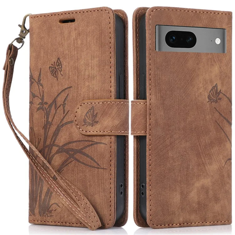 For Google Pixel 8 Case Orchid Butterfly Pattern Leather Cover Phone Wallet