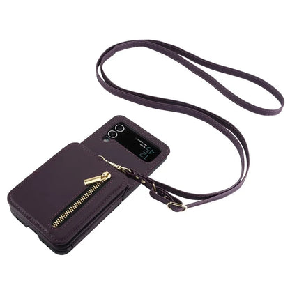For Samsung Galaxy Z Flip4 5G Crossbody Phone Case RFID Blocking Cover Zipper Pocket