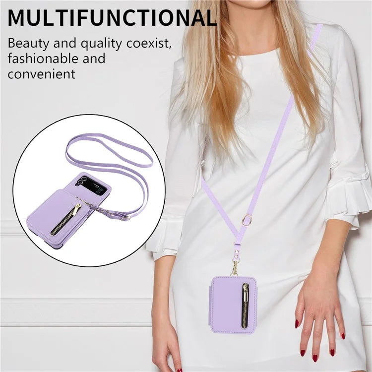For Samsung Galaxy Z Flip4 5G Crossbody Phone Case RFID Blocking Cover Zipper Pocket
