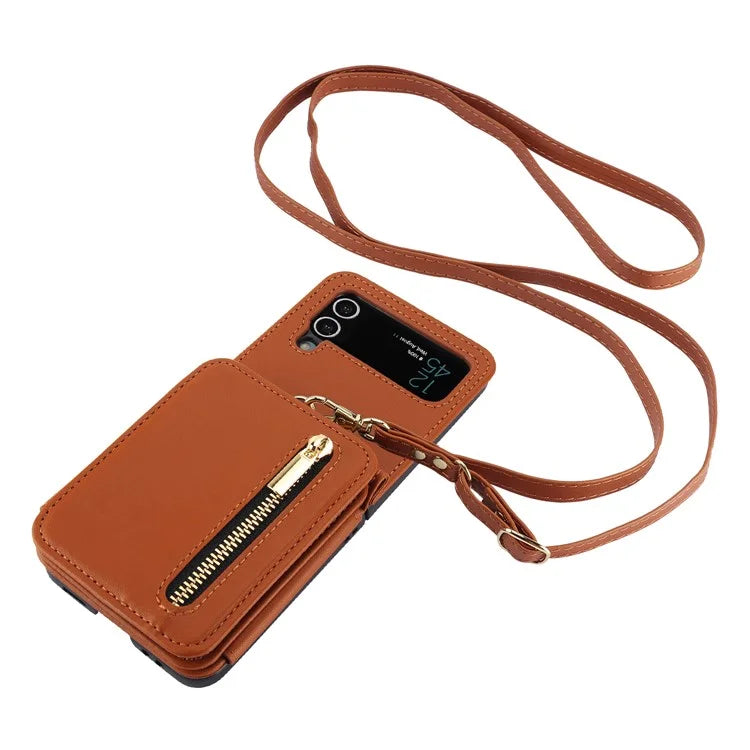 For Samsung Galaxy Z Flip4 5G Crossbody Phone Case RFID Blocking Cover Zipper Pocket
