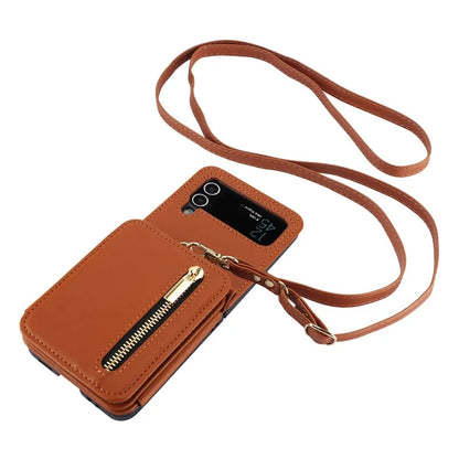 For Samsung Galaxy Z Flip4 5G Crossbody Phone Case RFID Blocking Cover Zipper Pocket