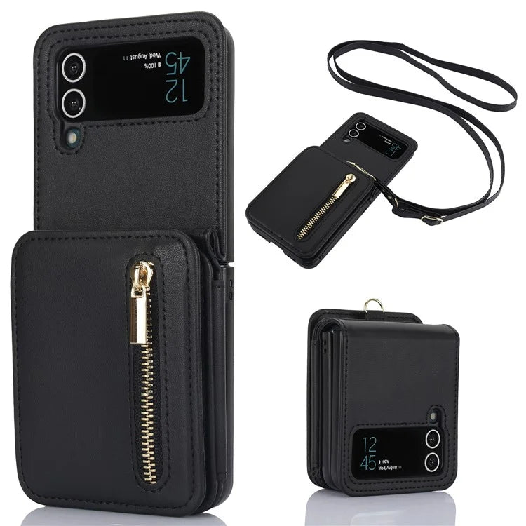 For Samsung Galaxy Z Flip3 5G Crossbody Phone Case PU Leather Coated PC Cover with Card Holder
