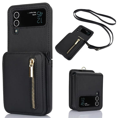 For Samsung Galaxy Z Flip3 5G Crossbody Phone Case PU Leather Coated PC Cover with Card Holder