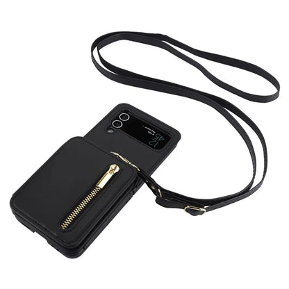 For Samsung Galaxy Z Flip3 5G Crossbody Phone Case PU Leather Coated PC Cover with Card Holder
