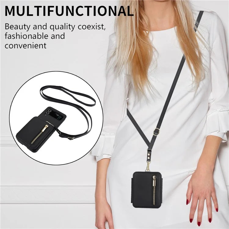 For Samsung Galaxy Z Flip3 5G Crossbody Phone Case PU Leather Coated PC Cover with Card Holder