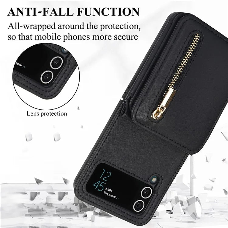 For Samsung Galaxy Z Flip3 5G Crossbody Phone Case PU Leather Coated PC Cover with Card Holder